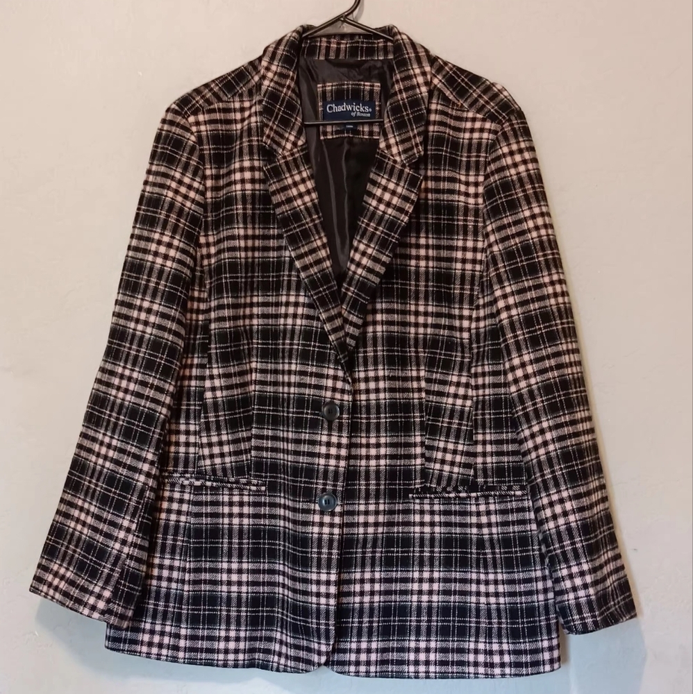 Chadwicks Of Boston Women Jacket Tweed Plaid Blazer Wool Blend Sz22W‎ Black-Pink